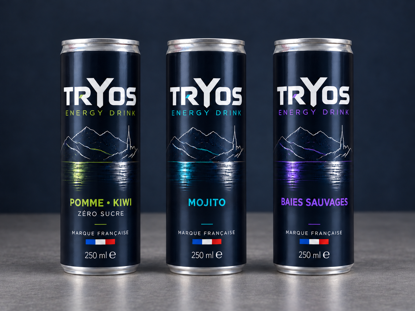 Les trois canettes TRYOS : Pomme-Kiwi, Mojito et Baies Sauvages